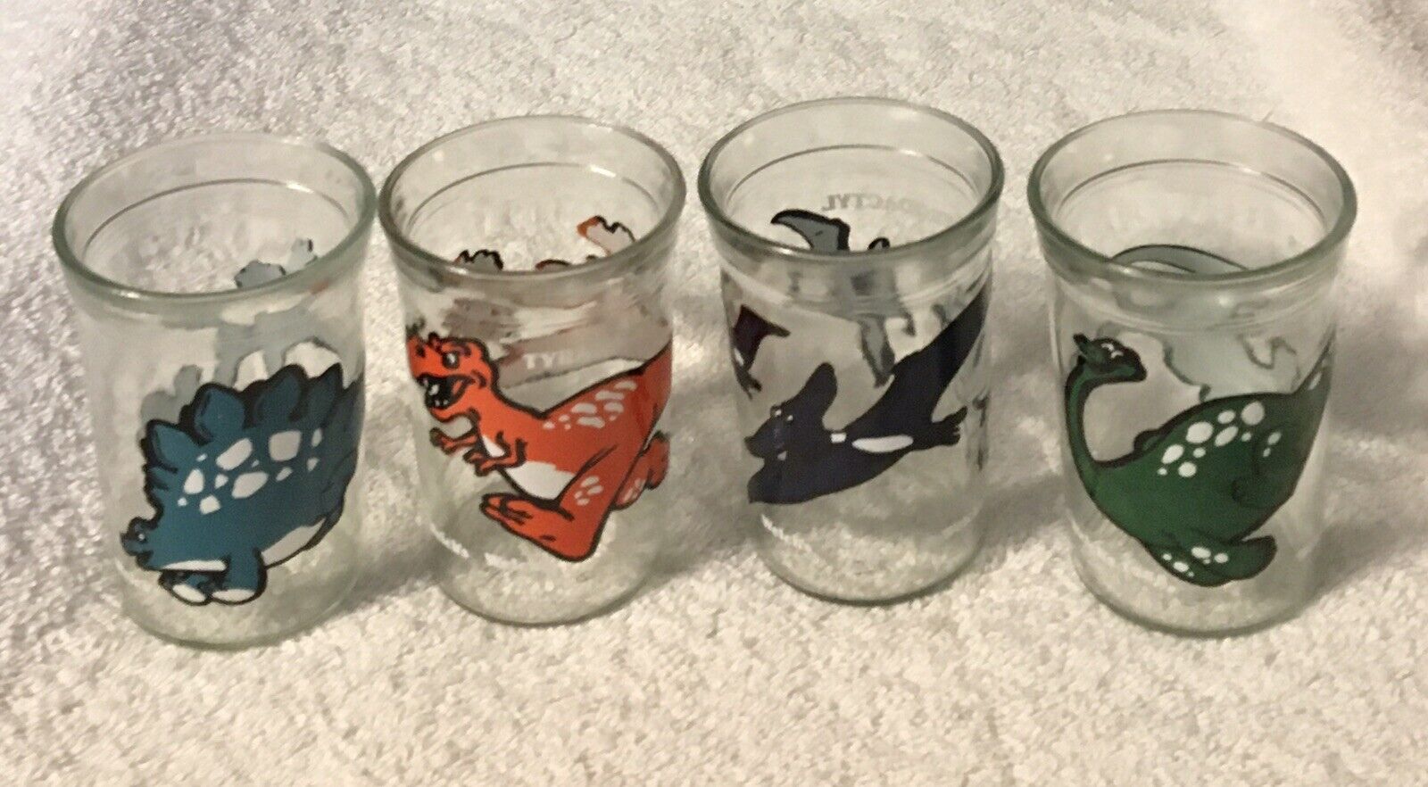 Vintage Complete Set of 4 WELCH'S Dinosaur Jelly Jam Glass Anchor Hocking