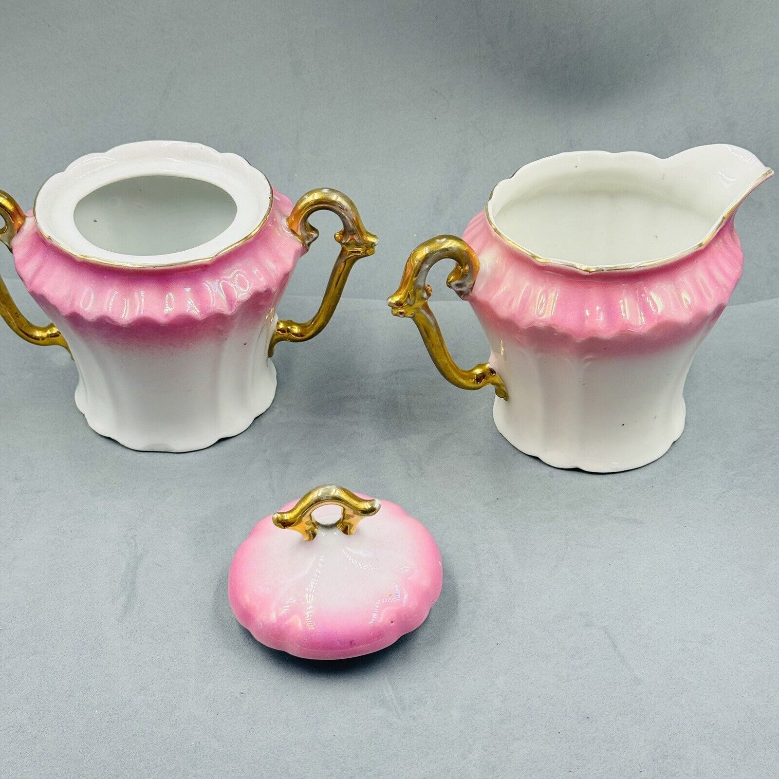 Antique Cream & Sugar Cottagecore Gilded Pink Leuchtenburg Thuringia Porcelain