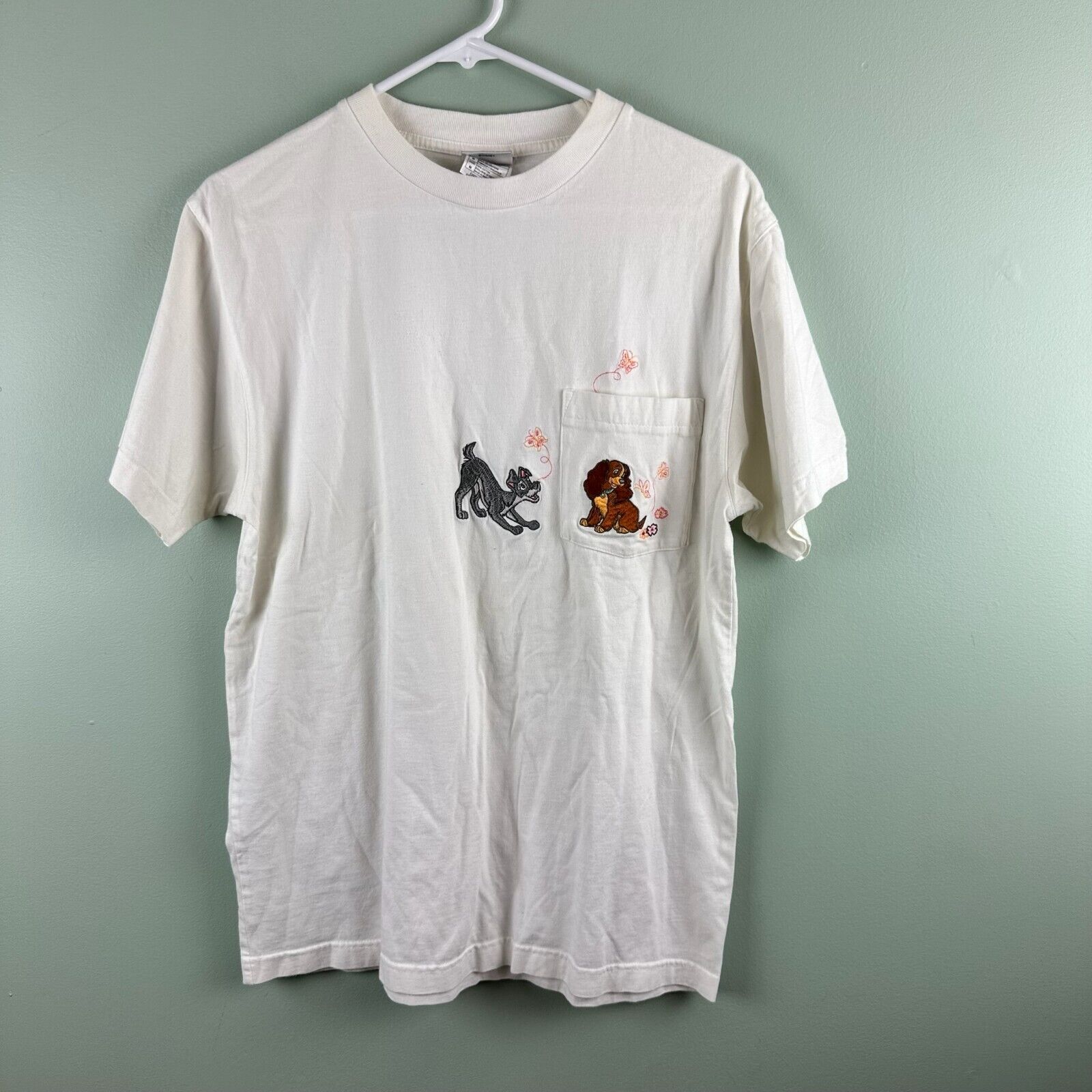 Vintage Disney Store LADY and the TRAMP Embroidered White T Shirt Size Medium