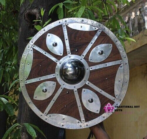 Iron & Steel Uniqiue Round Wooden Shield Armor Replica Engraved Ready For Battel