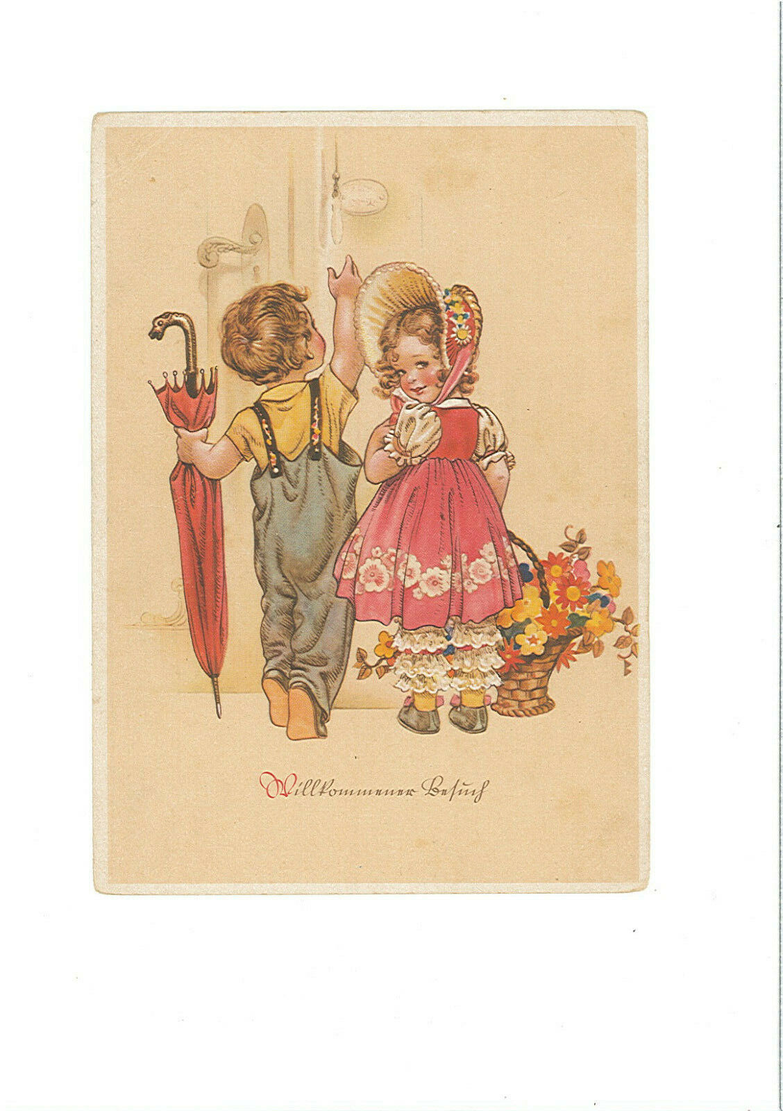 Ancient Ak Card Children With Umbrella And Flower Basket 31