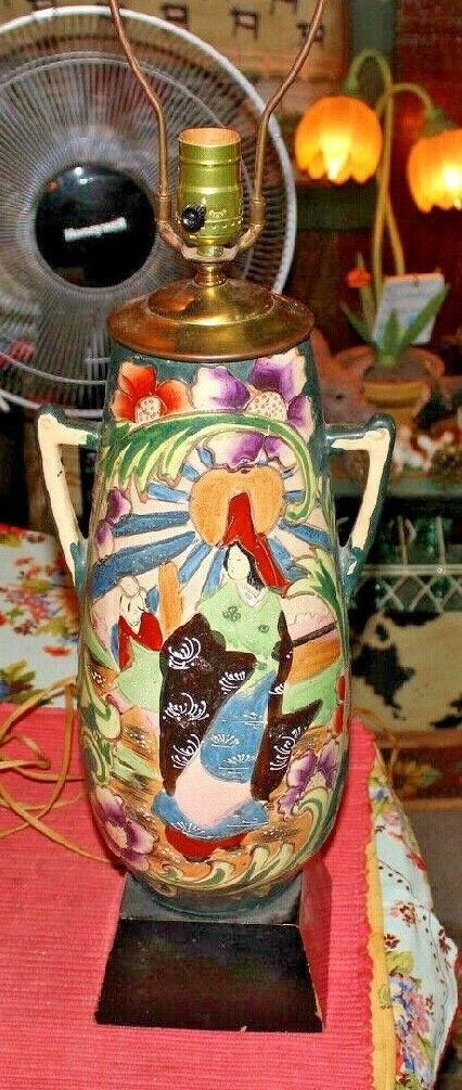 Antique Japanese Chinese Moriage Satsuma Vase Converted Lamp Man Woman Colorful