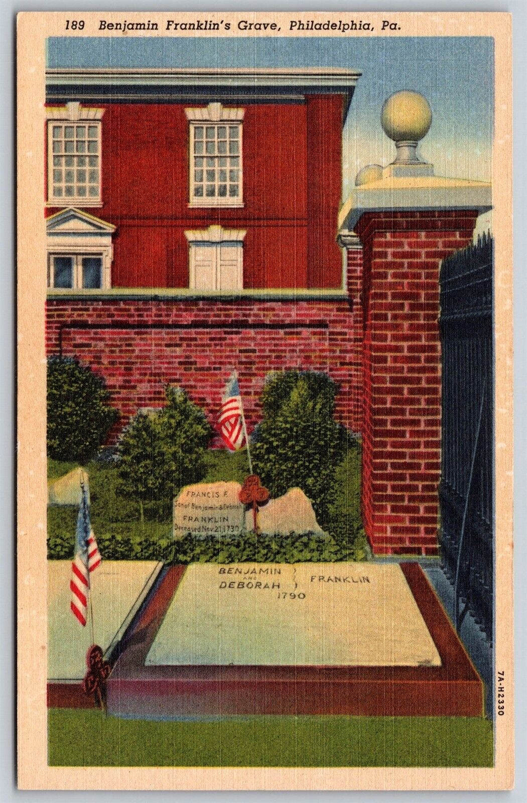 Postcard Benjamin Franklin\'s Grave, Philadelphia PA linen P135
