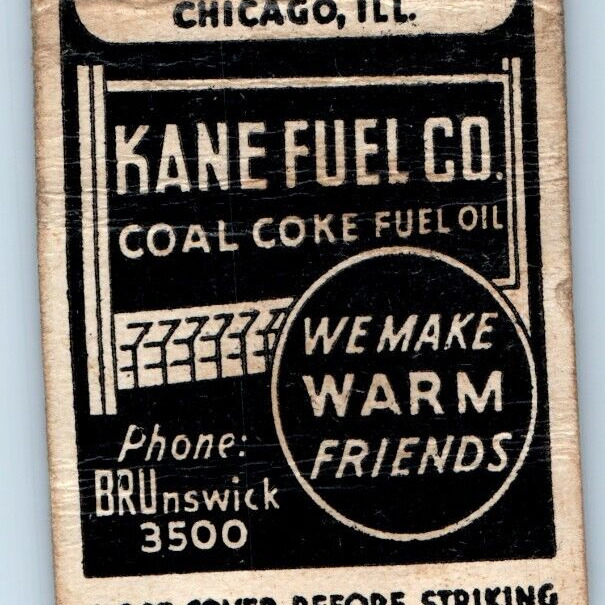 c1940s Chicago, IL Kane Fuel Co Matchbook Cover Coal Cake Match Corporation C36