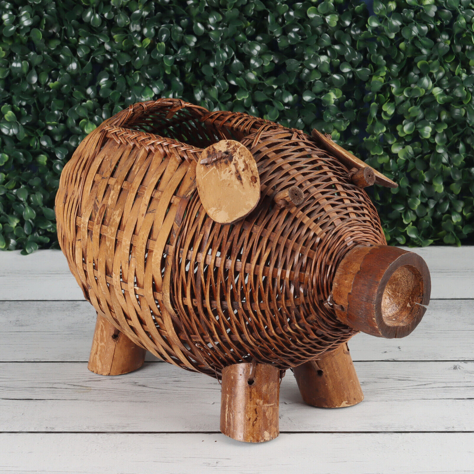 Wicker Tortoise Bamboo Pig Planter Basket Great Vintage Condition