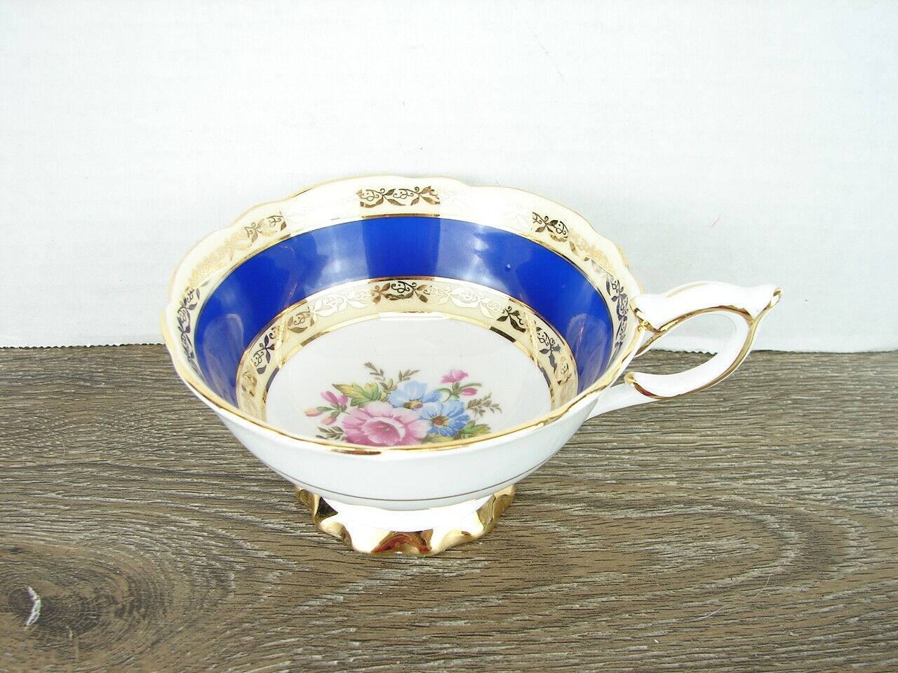Antique Royal Stafford Cobalt Blue Floral Bouquet Etched Gold Cup Only