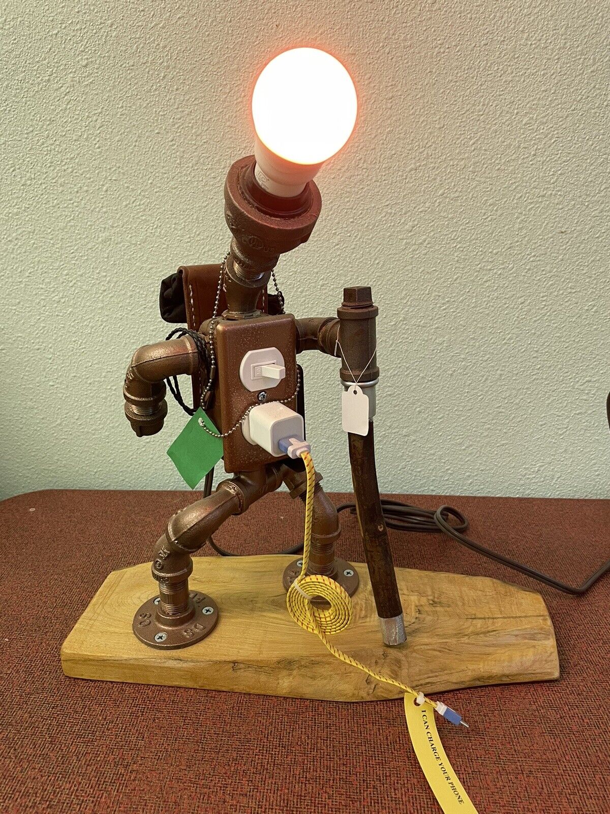 Unique Steampunk Lamp, Color Changing Lightbulb, Remote Control, Phone Charger