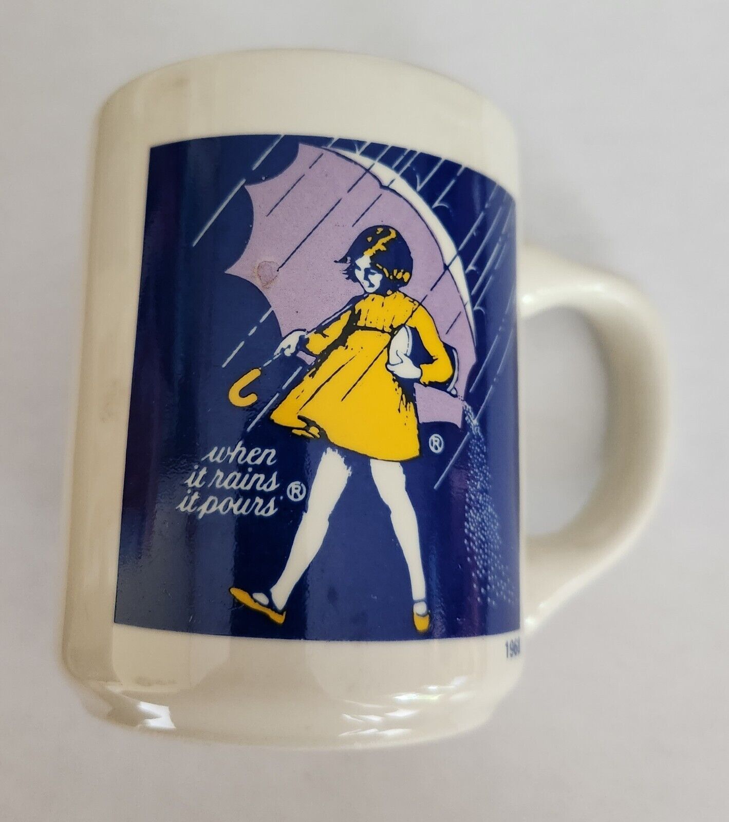 Vintage Morton Salt Coffee Cup Mug w/ 1968 Advertising Logo Girl Umbrella