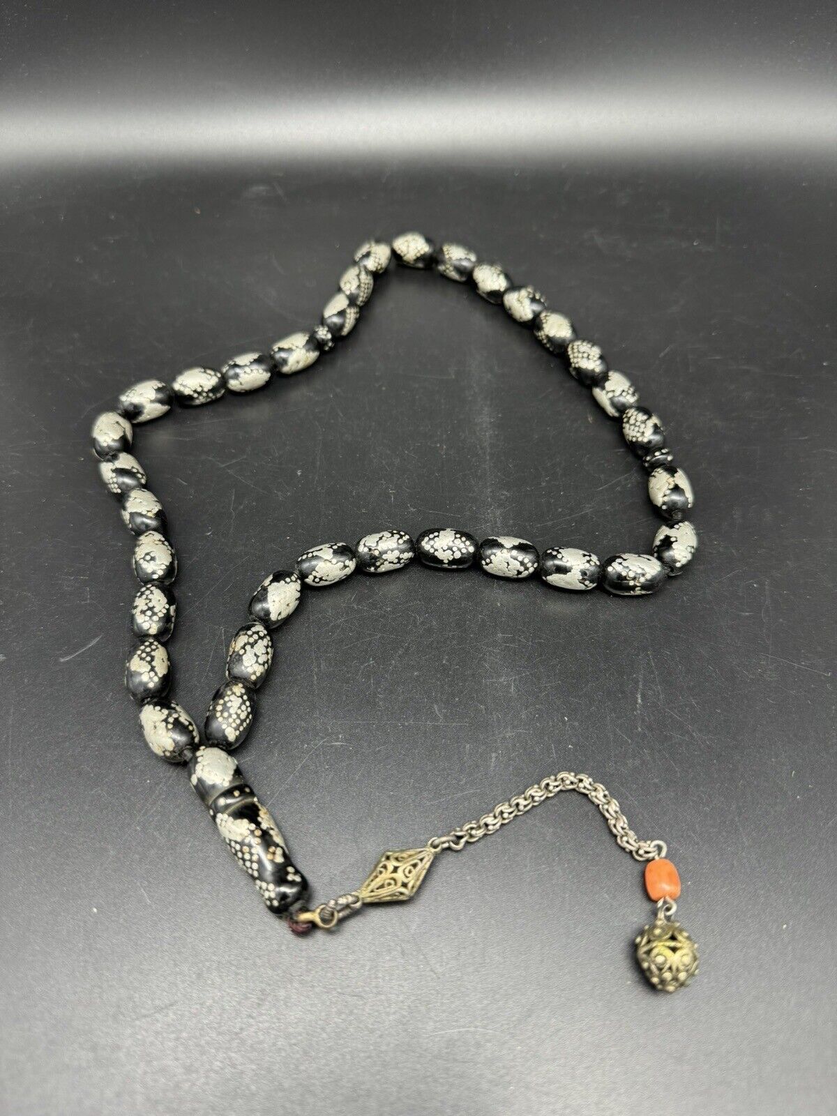 Antique Yusr Rosary Islamic Prayer Silver Inlay Beads Tasbih Handmade