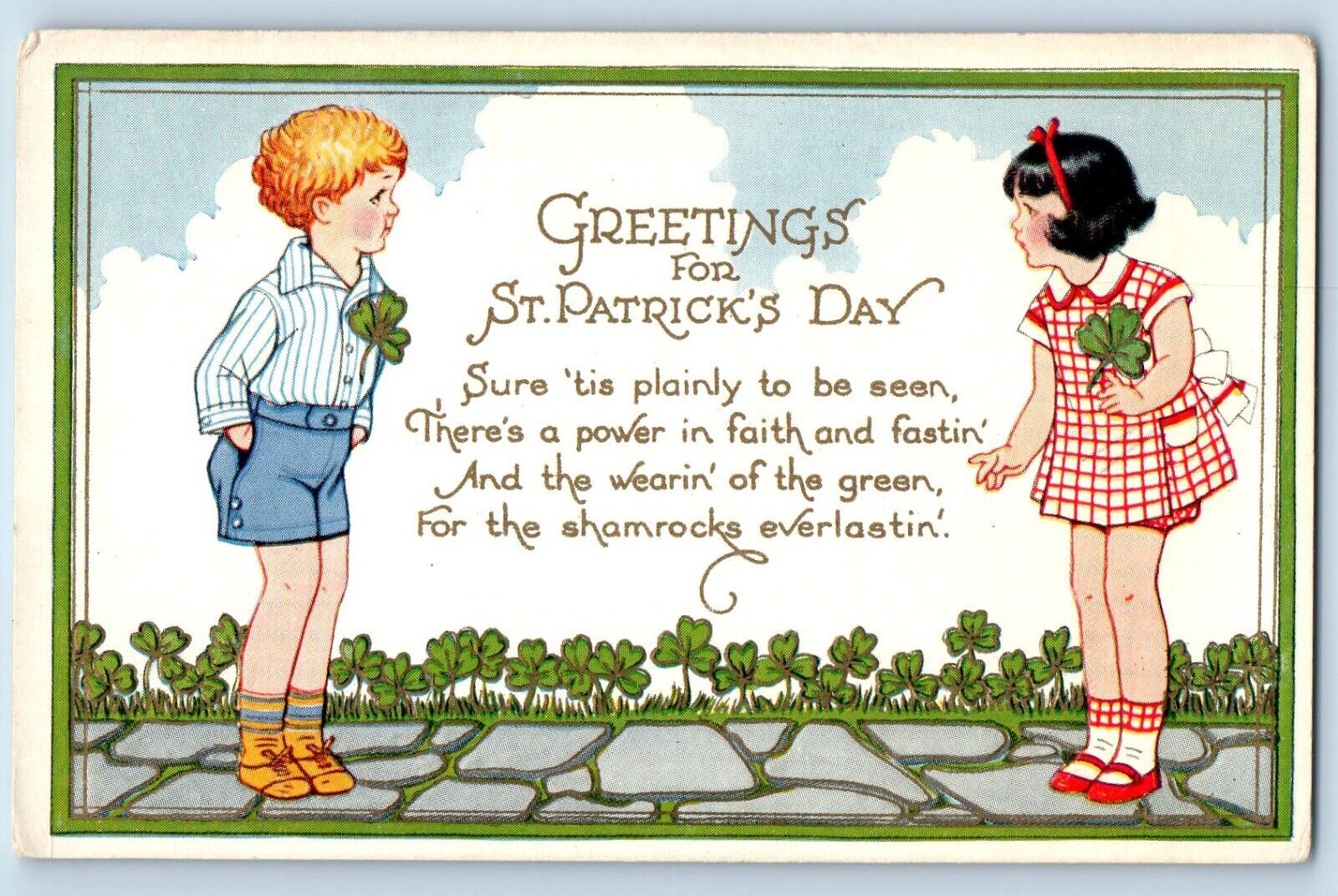 St. Patrick\'s Day Postcard Greetings Children Shamrock Embossed c1910\'s Antique