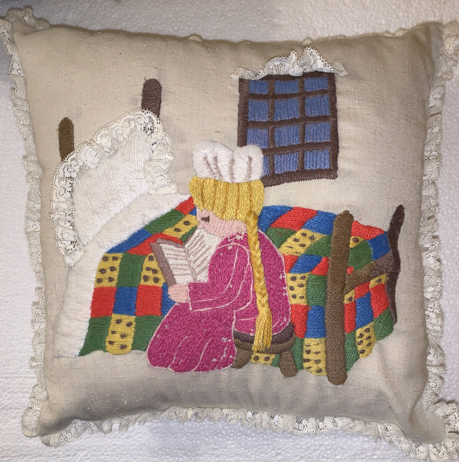 Vintage Homemade Embroidered Pillow Girl reading Book beside her Bed