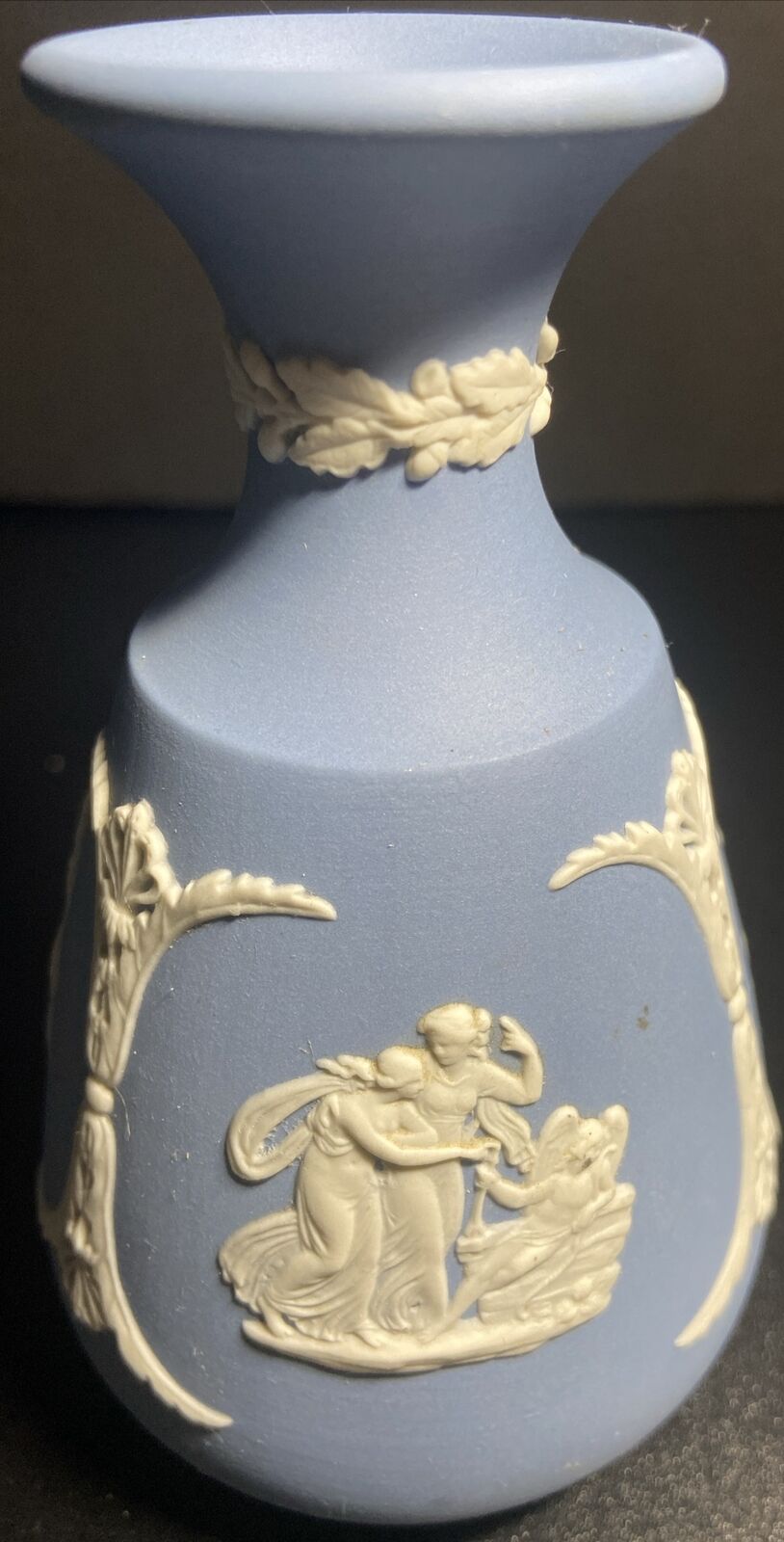 Wedgwood Jasperware 1965 Cameo Bud Vase 5 Inch Blue Pegasus Maidens 
