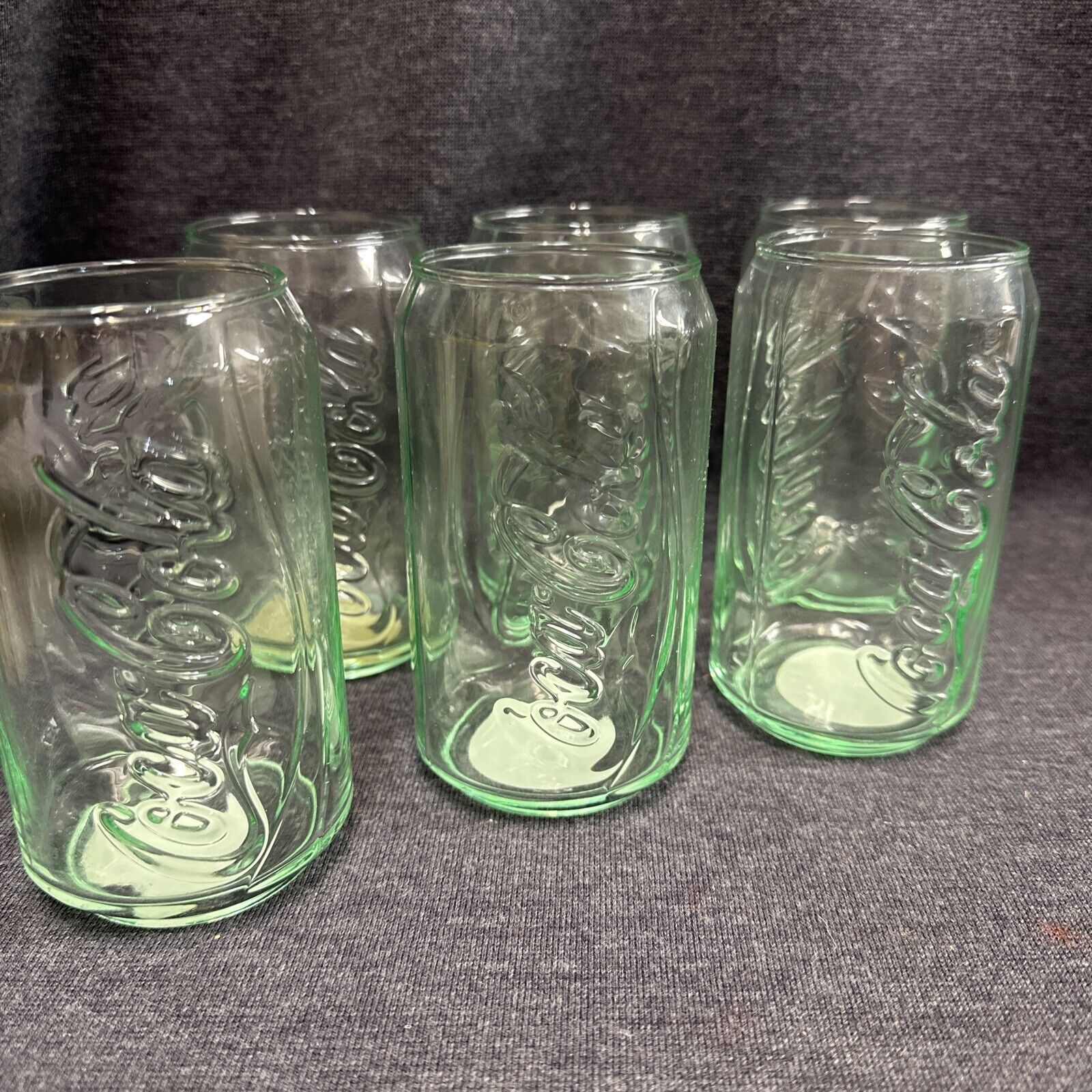 Set Of 7 Coca Cola -  Can Shaped Glasses - Green Glass - Tumblers