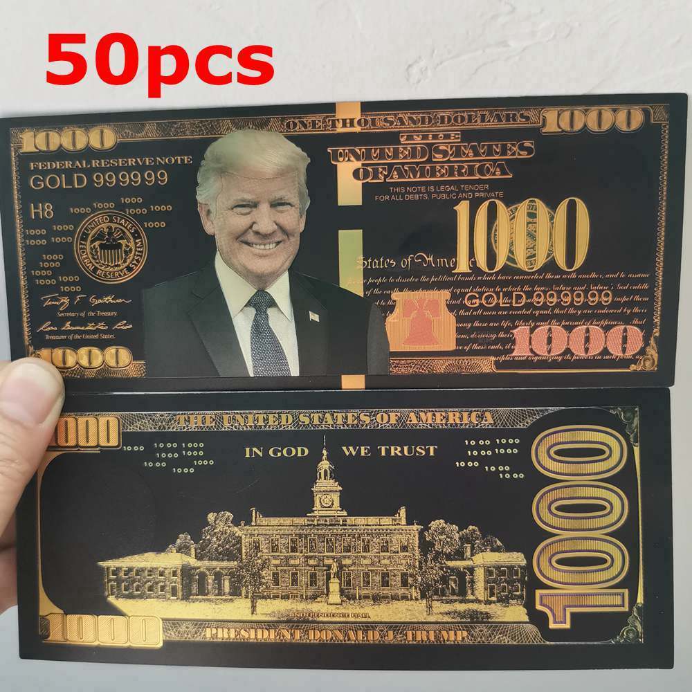 50pcs Black Gold Foil Banknote President Donald Trump $1000 Dollar Bill For Gift