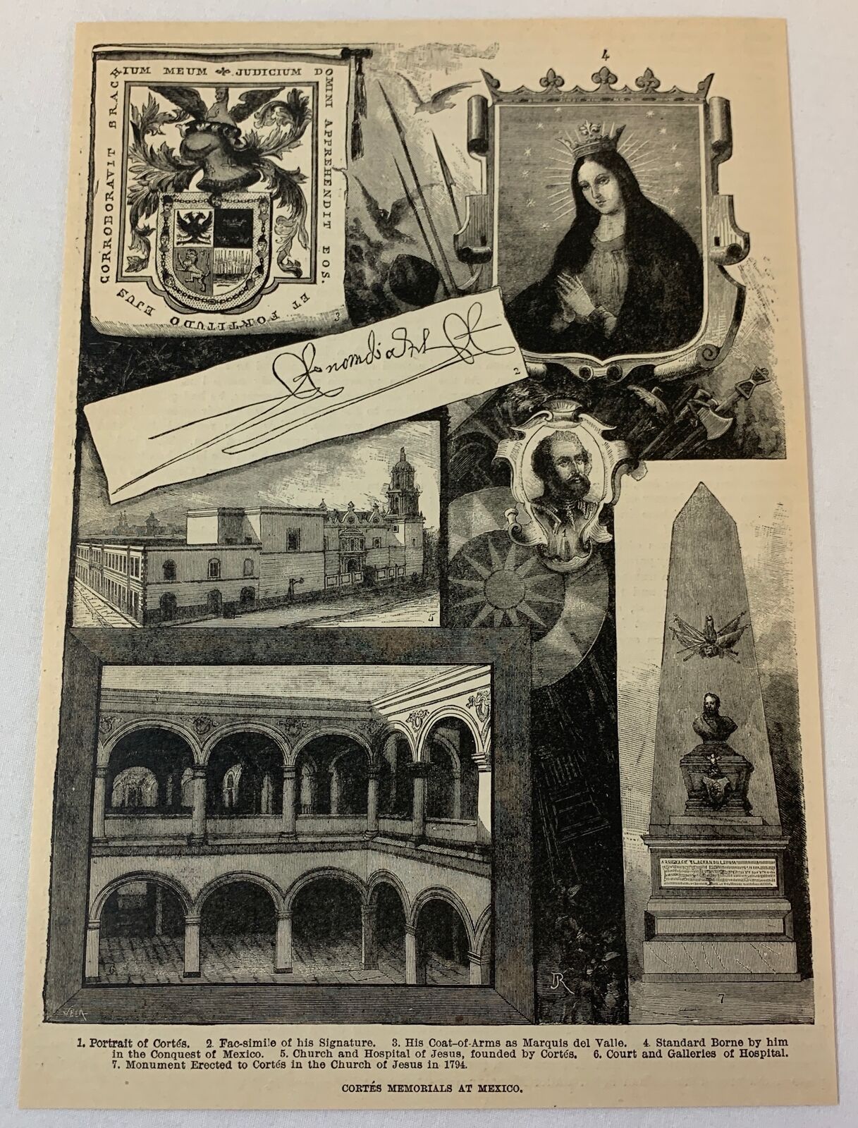 1886 magazine engraving ~ CORTES MEMORIALS & COAT OF ARMS IN MEXICO