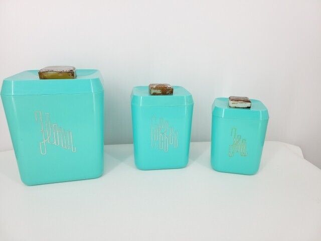 Vtg Set of 3 MCM 1960s Cols Plastic Turquoise Canister Nesting Flour Coffee Tea