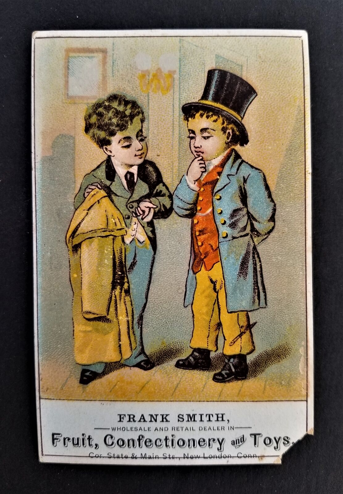 1880 antique FRANK SMITH new london ct FRUIT CONFECTIONERY TOYS trade card ad 