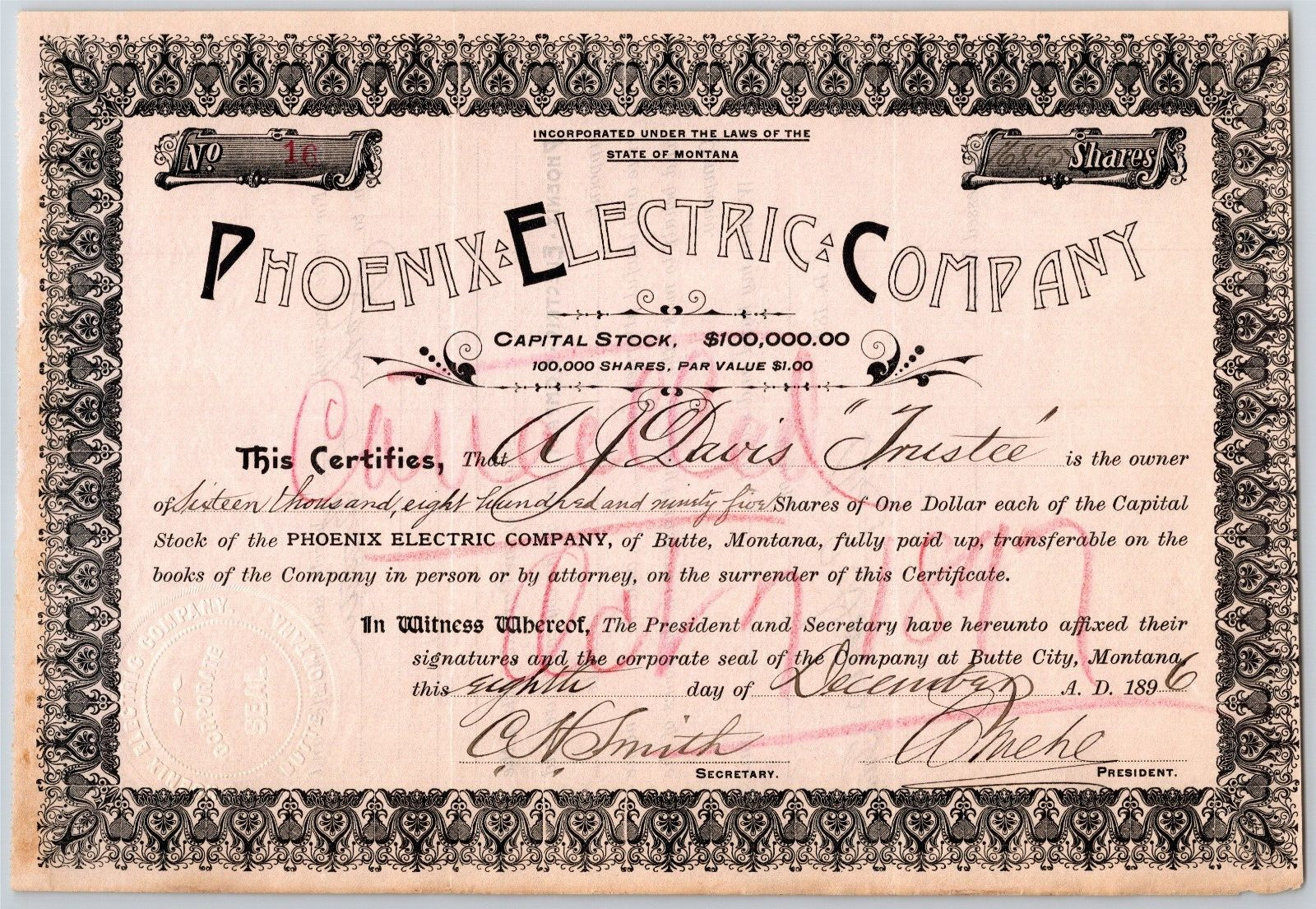 Butte, MT Phoenix Electric Co. 1896 Stock Certificate 16,895 Shares - A.J. Davis