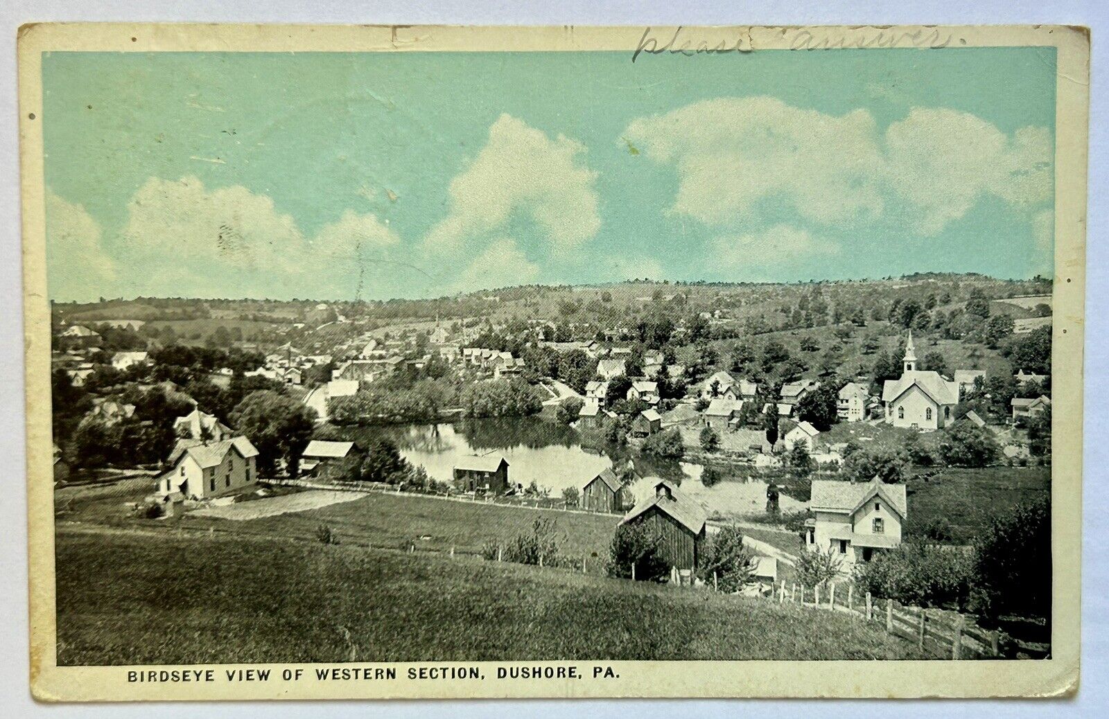 BIRDSEYE VIEW OF WESTERN SECTION, DUSHORE, Pennsylvania 1922 Vintage Postcard
