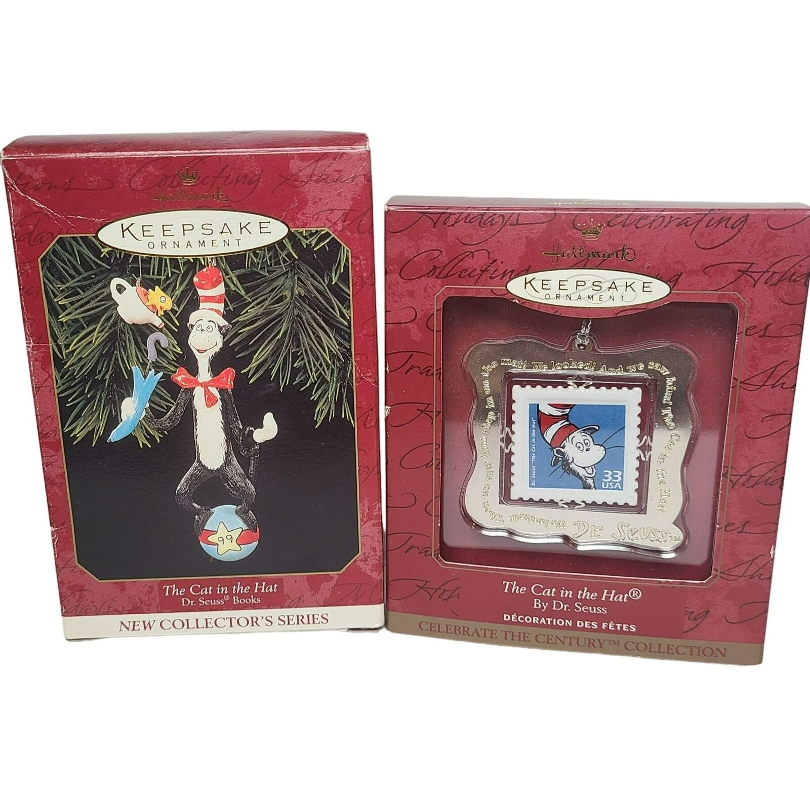 Two (2) Hallmark Keepsake Ornament Cat In The Hat Dr. Seuss 1999 Postage Stamp