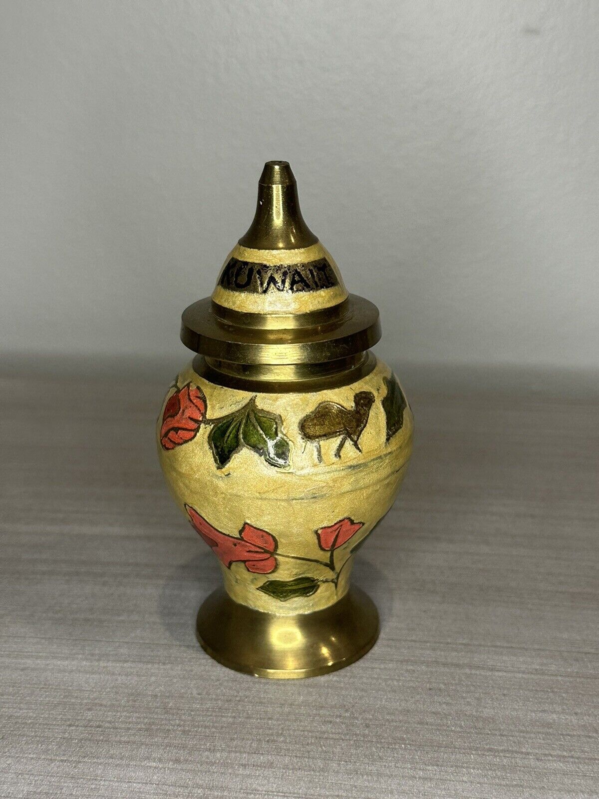 Vintage Solid Brass Hand Painted Ginger Jar Urn Vase With Lid