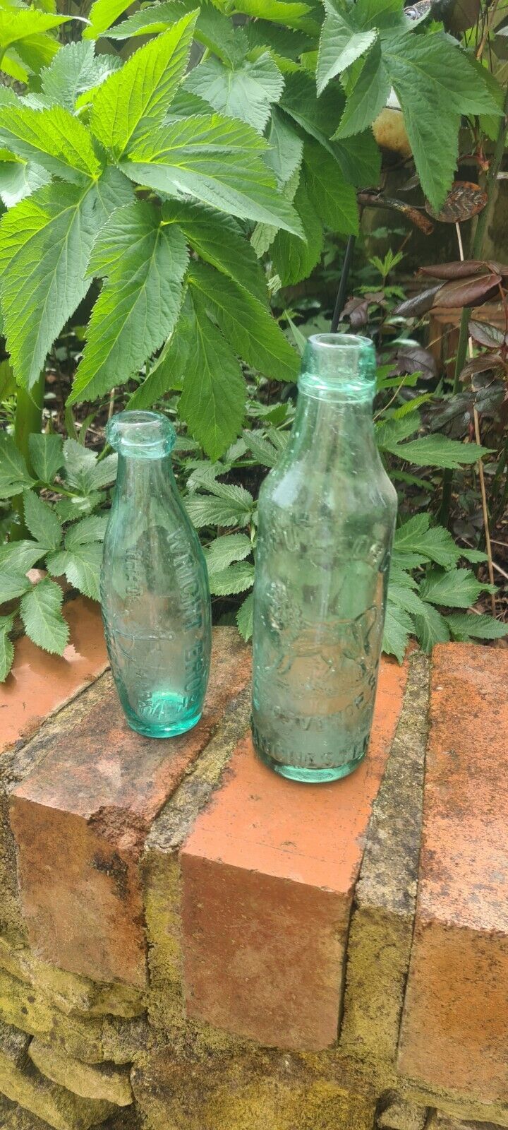Pair Vintage Antique Aqua Blue Soda Ginger Beer Bottles Wright Bros & Lion