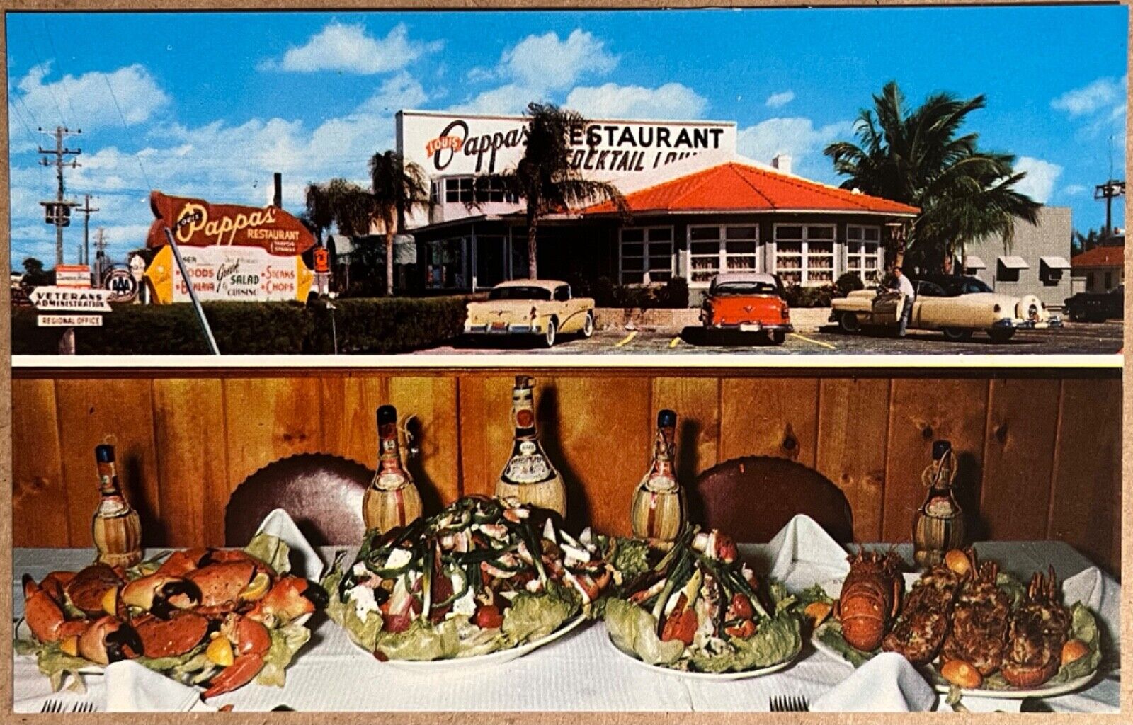 Tarpon Springs Florida Louis Pappas Restaurant Food Old Cars VTG Postcard c1950