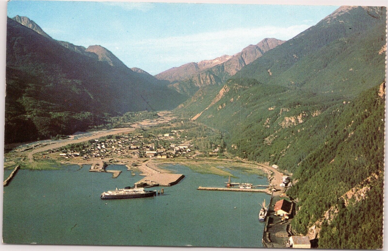 Air View of Skagway Alaska with State Ferry Ship and freighter C.J. Rogers