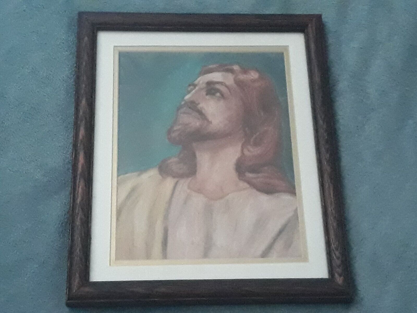 Vintage Jesus 8 X 10 Framed Image Chalk Looking Drawing/Print In Wood Frame
