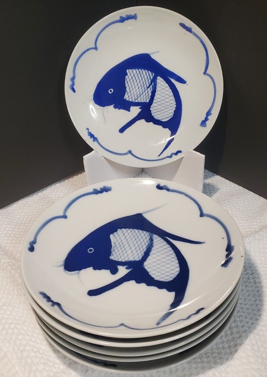 6x Koi Fish Carp Blue and White Porcelain Ceramic Approx 7 2/8” Plates *READ