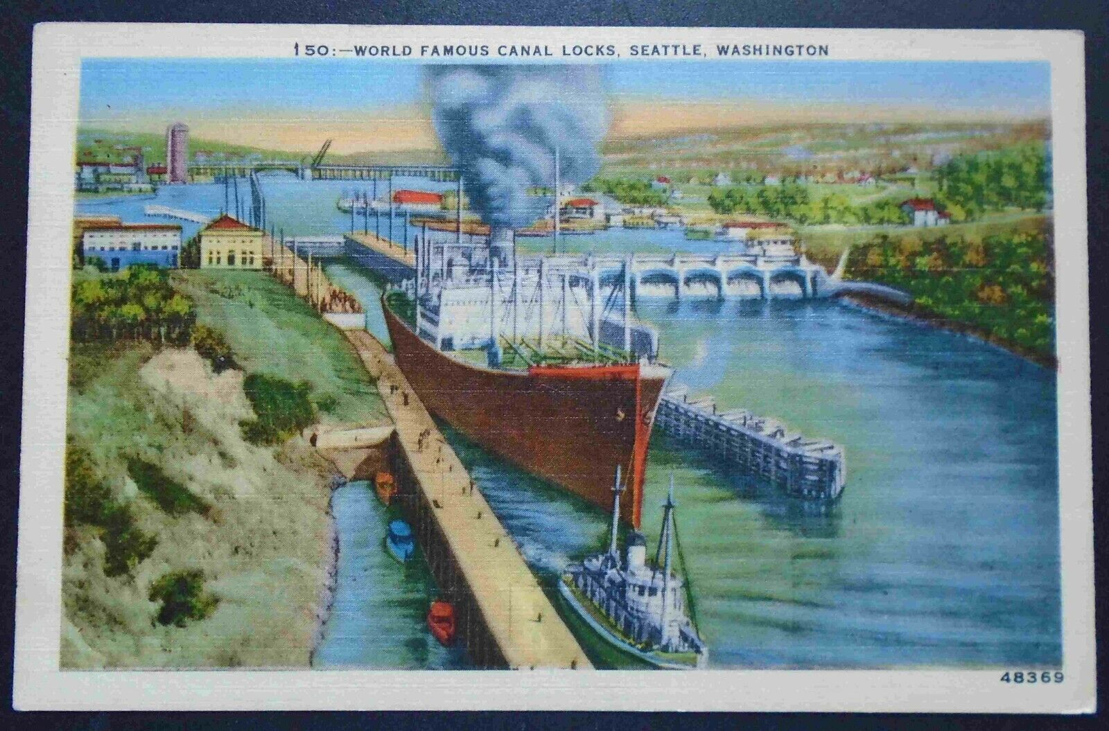 1940s World Famous Canal Locks, Freighter, Tugboat, Seattle, WA (White) 