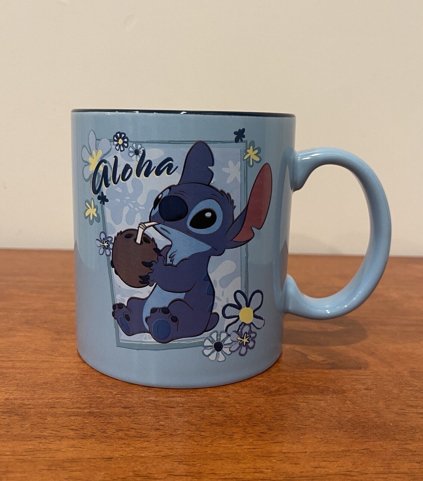 Disney Lilo & Stitch Aloha Cute Stitch Coconut Floral 20 Oz Ceramic Mug Blue