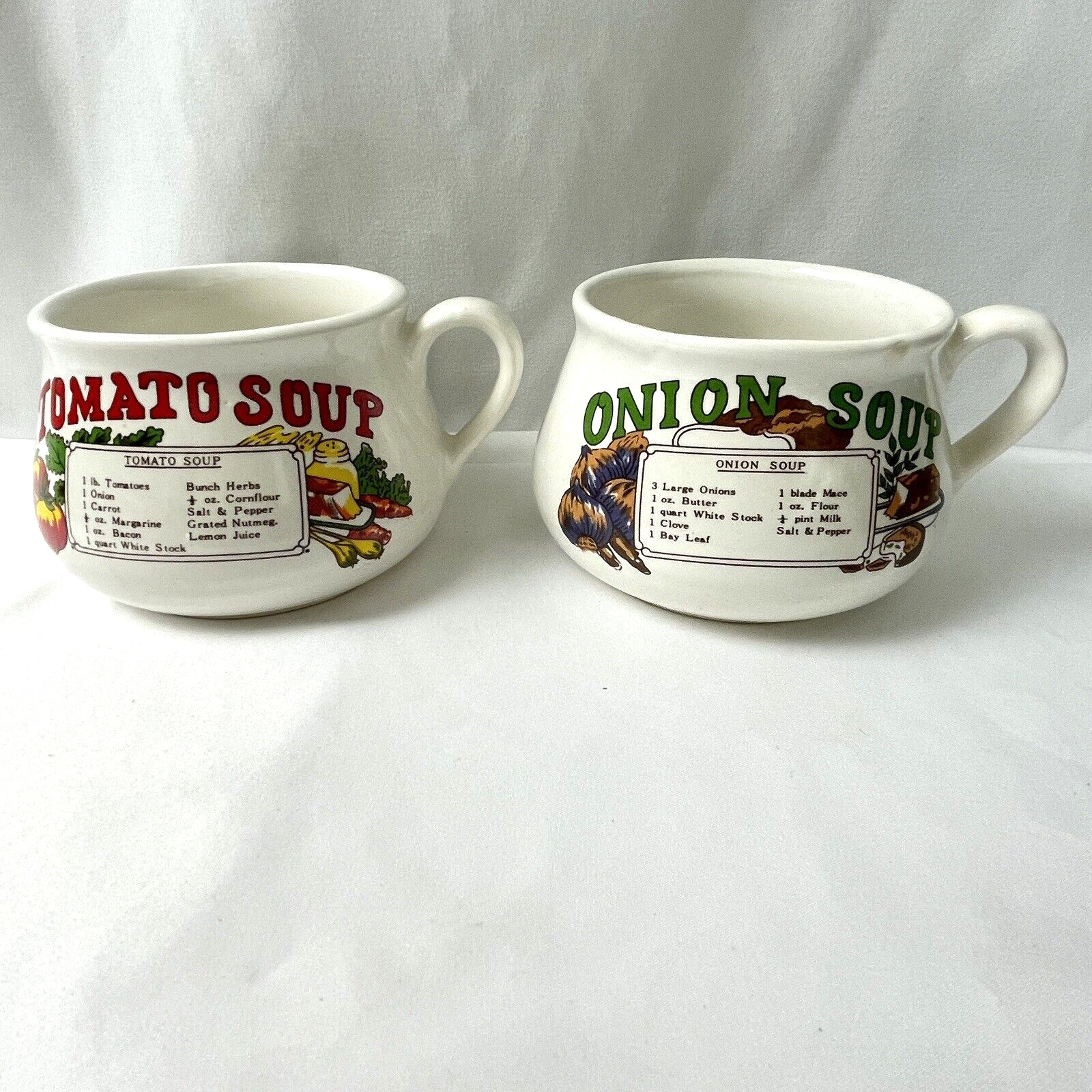 Vintage Taiwan 70\'s 80\'s Recipe Soup Mug Bowls Printed Tomato And Onion