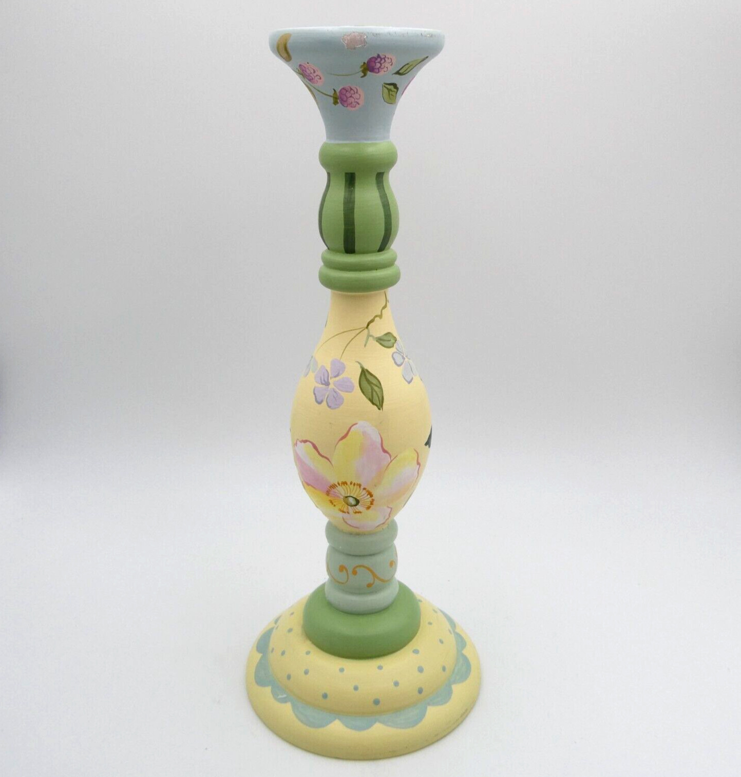 Tracy Porter Hand Painted Candlestick Holder 13.5 inch Yellow Floral Wood Signed
