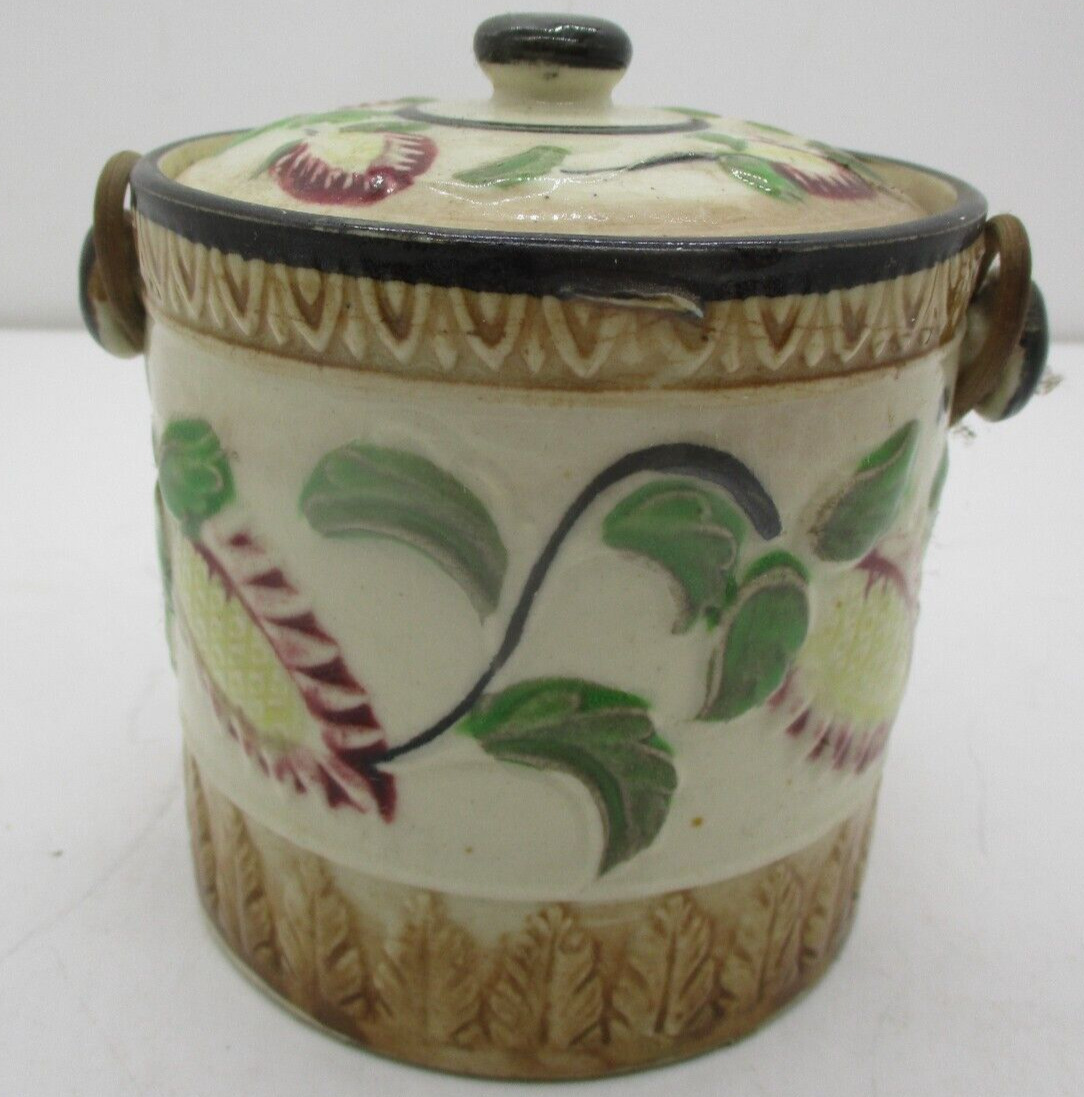 Vintage Round Japanese Biscuit Cookie Jar Bamboo Handle Floral Motif