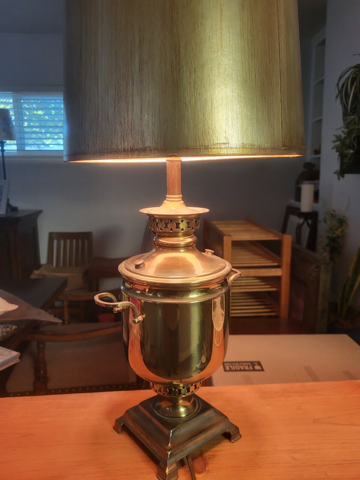 An Elegant Antique Russian Brass Samovar Table Lamp & Original Shade.