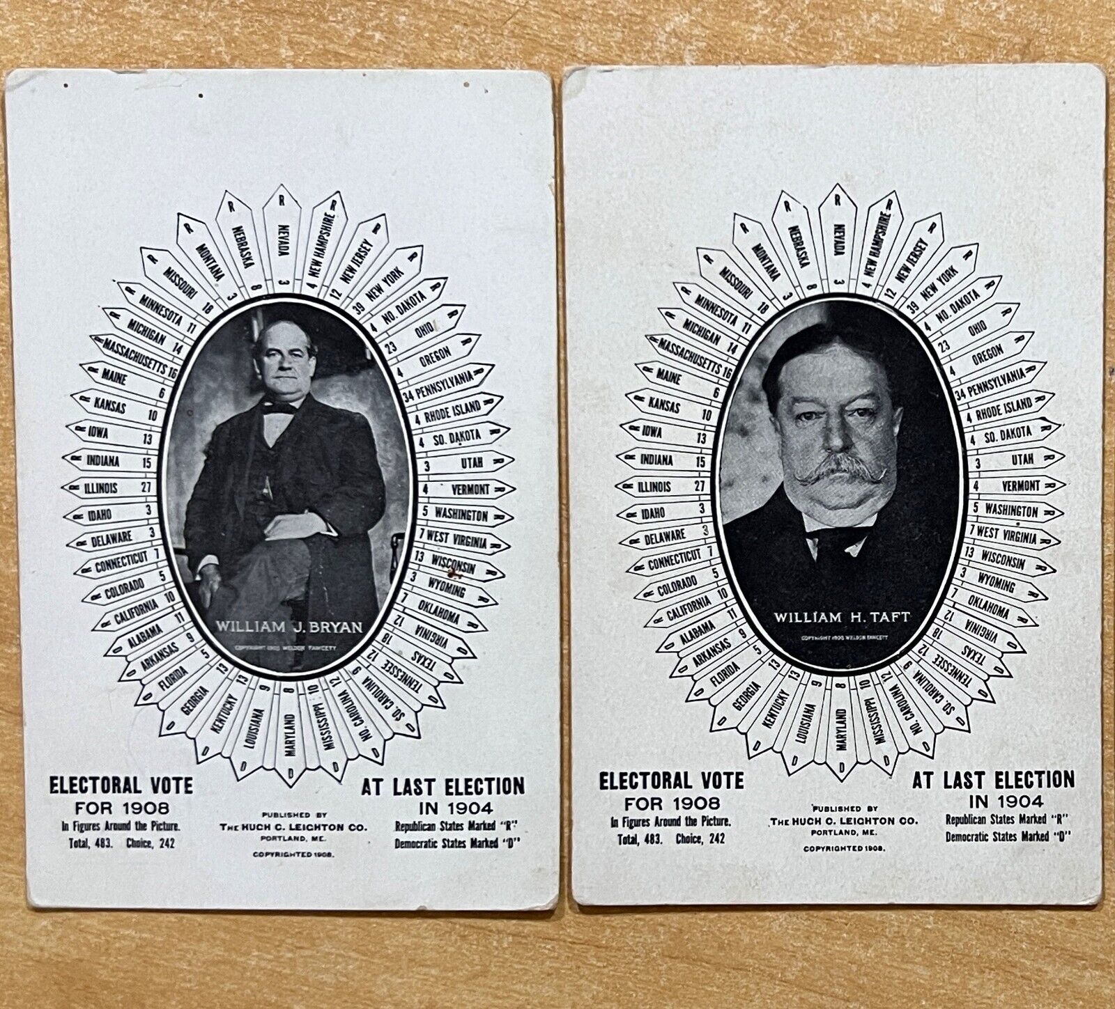2 PATRIOTIC 1908 Presidential Campaign Postcards TAFT & BRYAN Electoral Votes