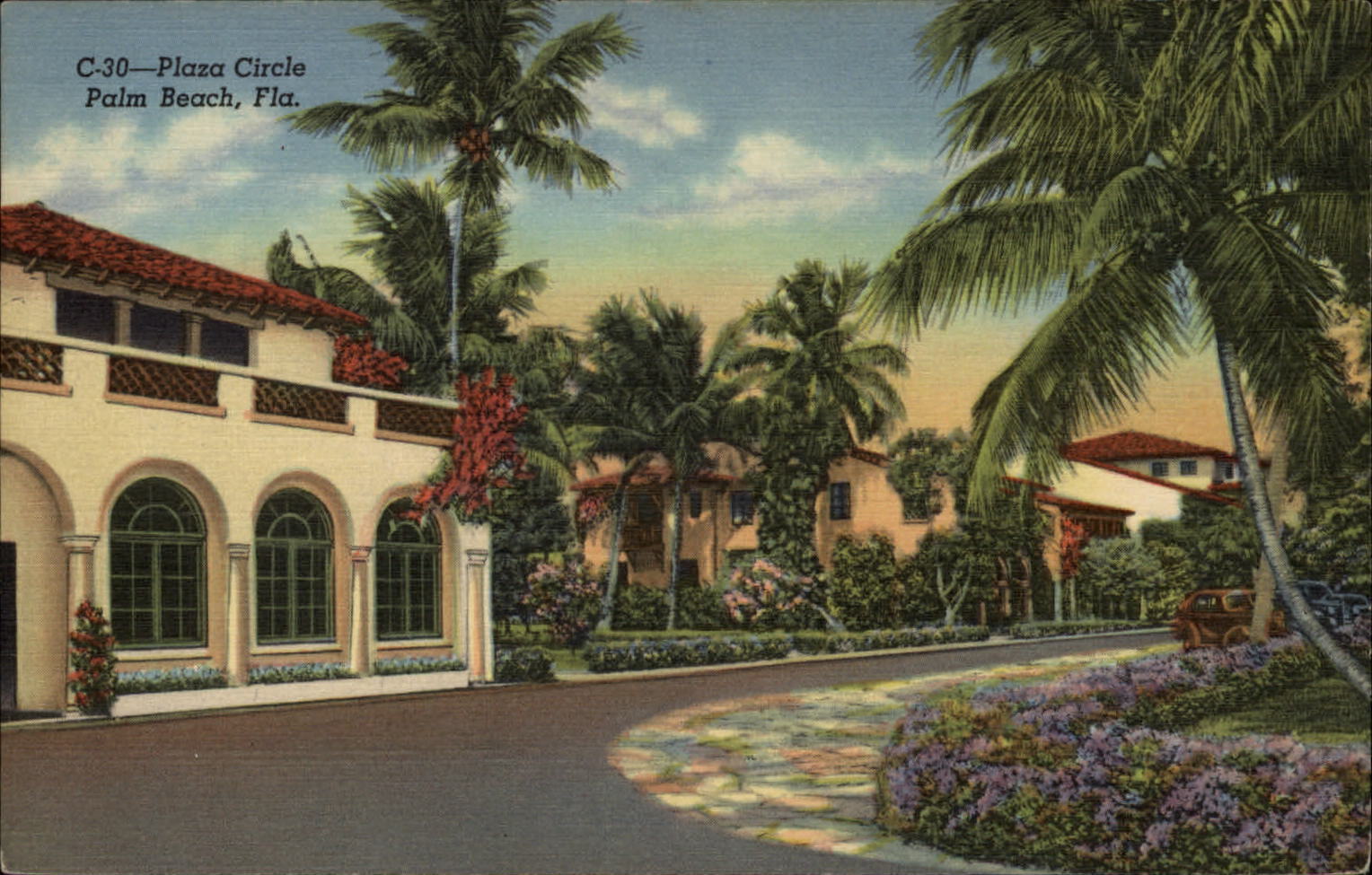 Plaza Circle ~ Palm Beach Florida ~ unused 1940s linen postcard