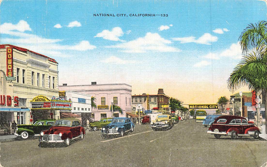 c1940s National City Street Scene Cars Stores CA Linen P86