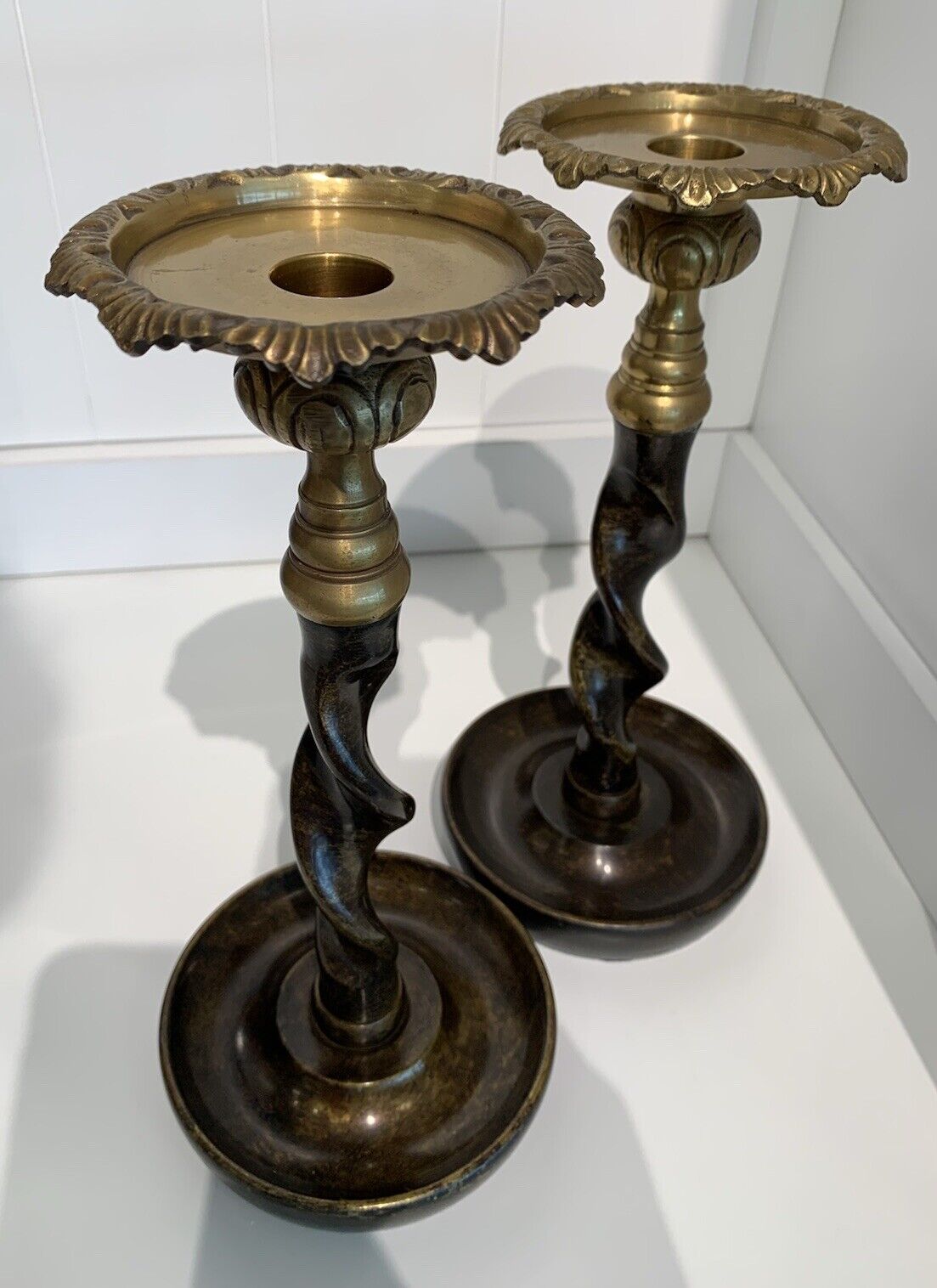 Pair of Vintage Maitland-Smith Bronze & Brass Barley Twist Pillar Candlesticks