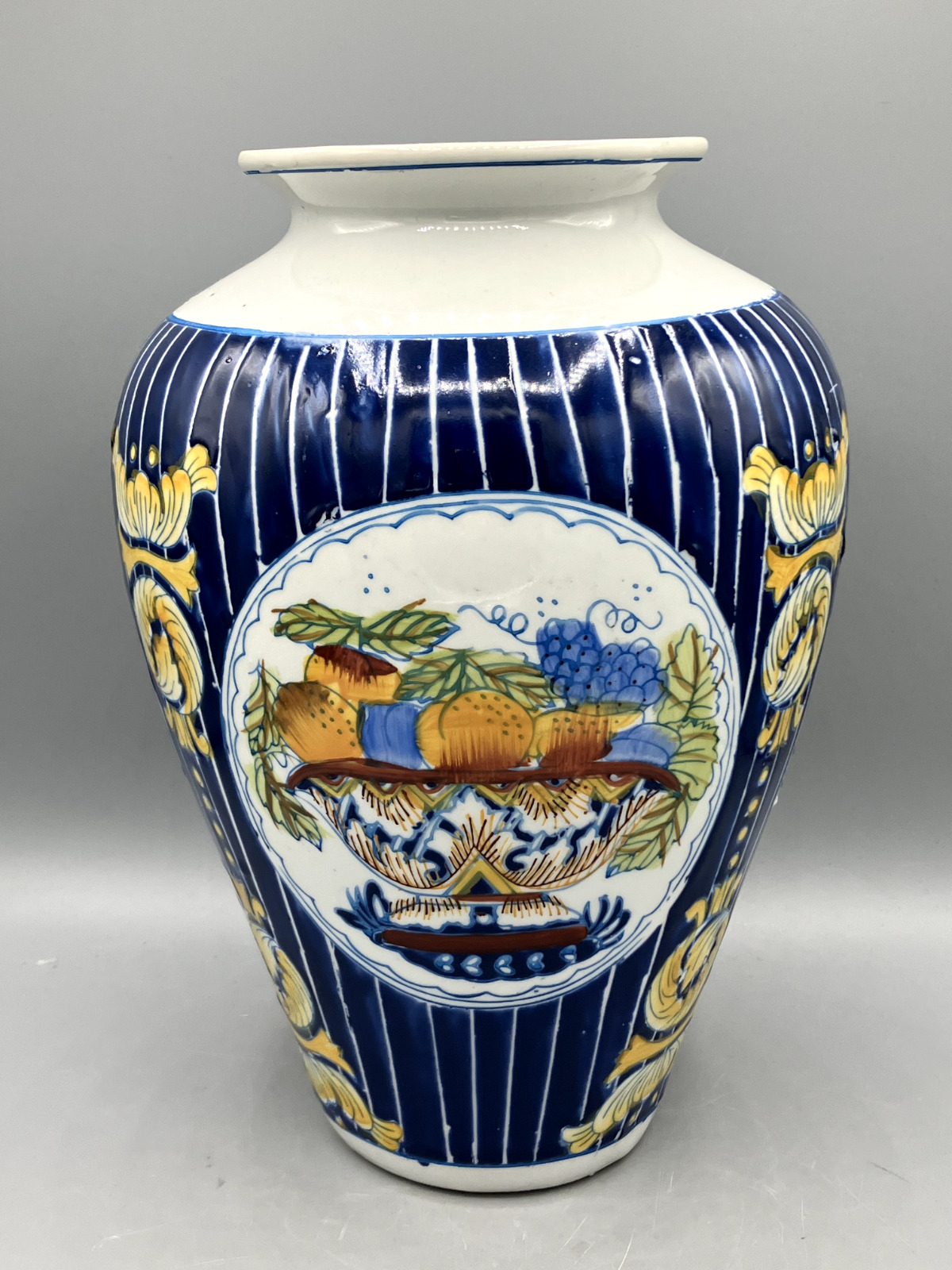 Vintage 1960's Hand Painted Porcelain Chinese Vase Blue Striped
