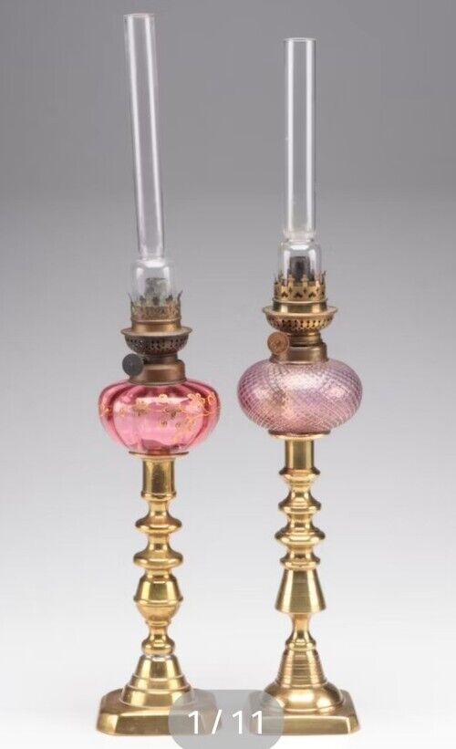 Pair Antique Victorian Wild & Wessel (W&W) Brass and Glass Peg Candle Oil Lamps