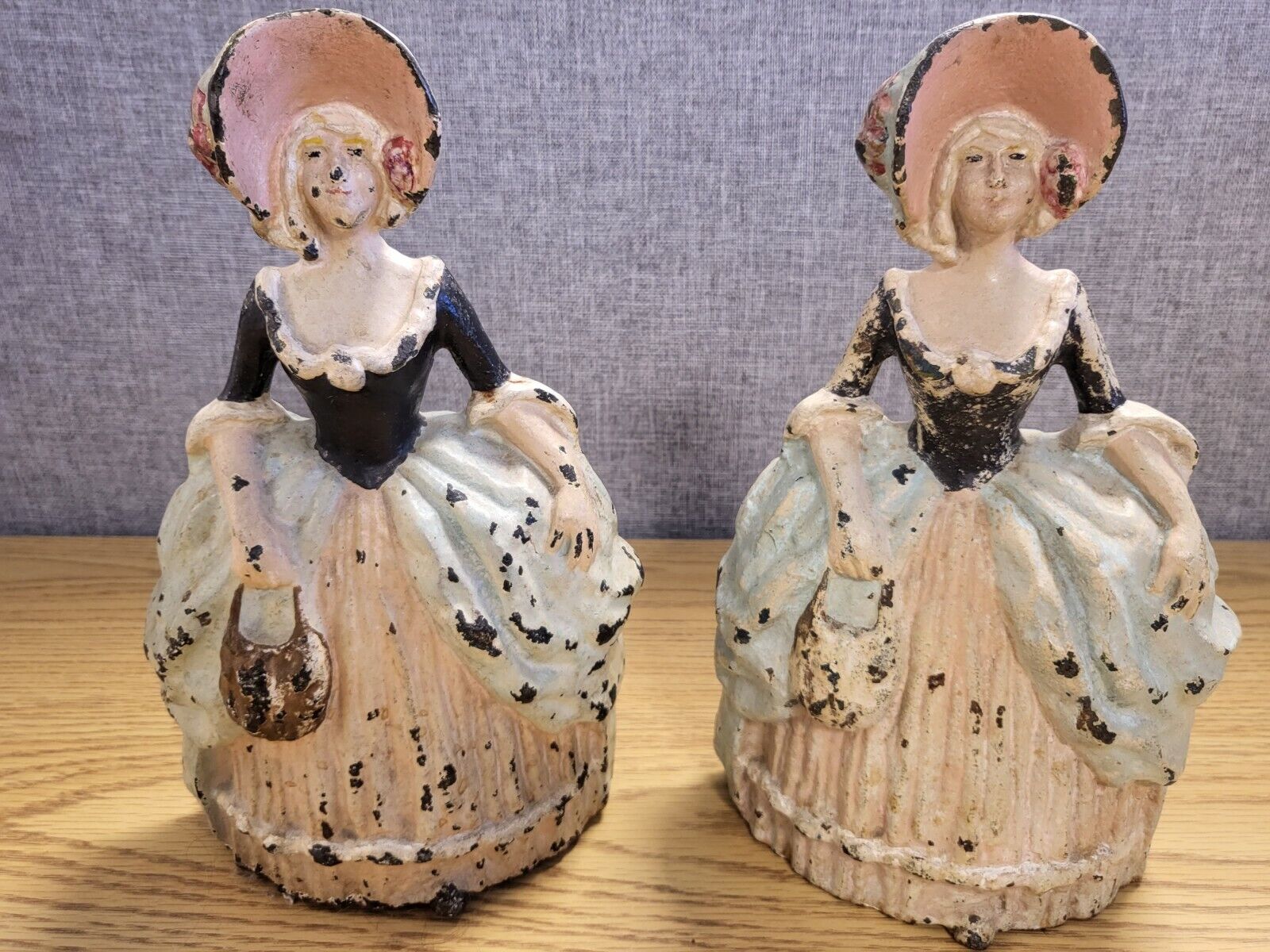 Hubley Cast Iron Pair Southern Belle Maiden Doorstops 1920\'s 10 1/2 inches tall