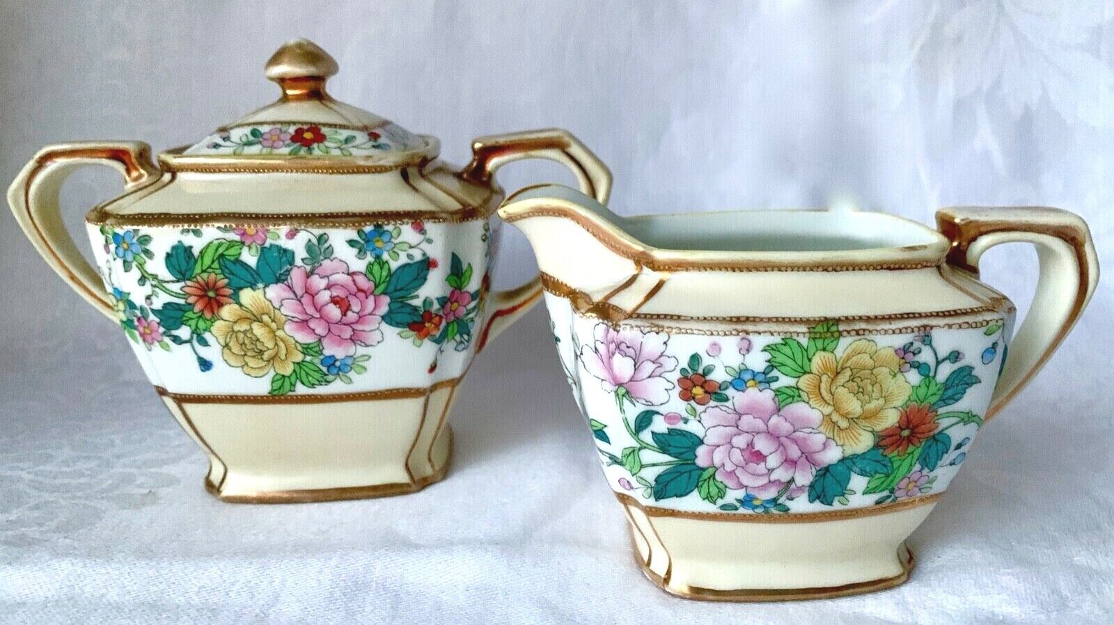 LOVELY ANTIQUE HAND PAINTED MORIMURA NIPPON FLORAL CREAMER & SUGAR BOWL 