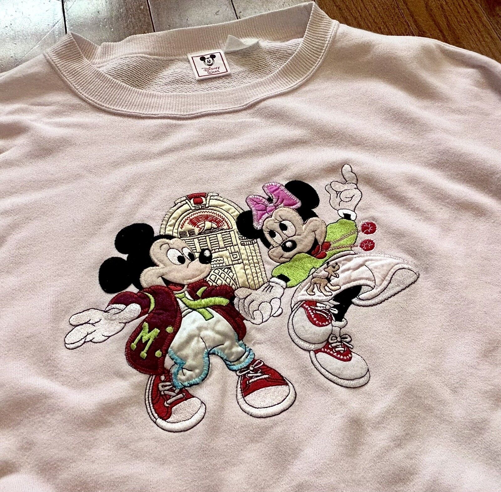 Vintage Mickey And Minnie Dancing Embroidered Crewneck Sweatshirt Disney Pink