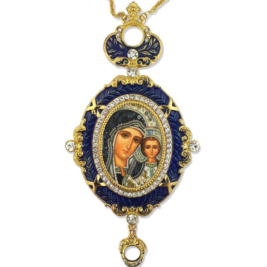 Orthodox Virgin of Kazan Icon in Blue Enamel Ornate Gold Tone Frame 5.75 In