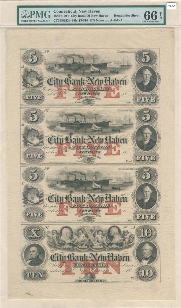 City Bank of New Haven - Uncut Obsolete Sheet - Broken Bank Notes - PMG Graded -