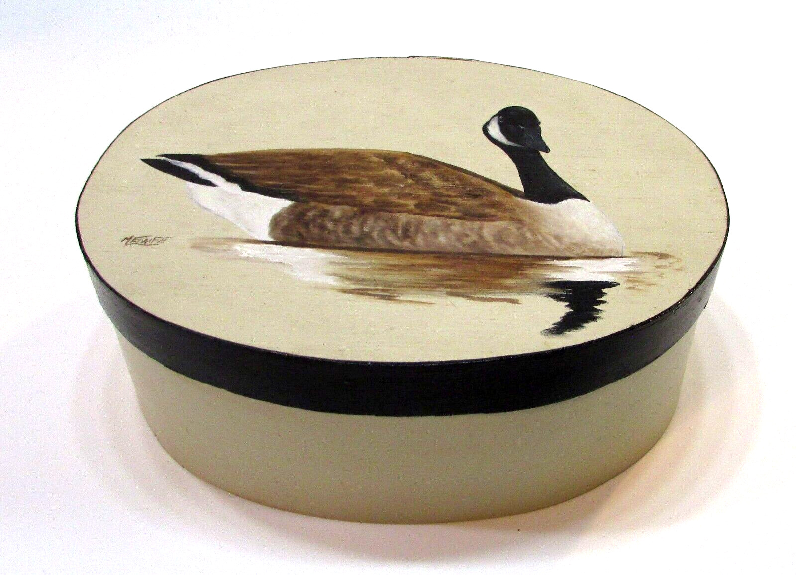 Hand Painted Canada Goose Pelican Rapid MN USA 3x6x7 Oval Wood Box Fabric Lined