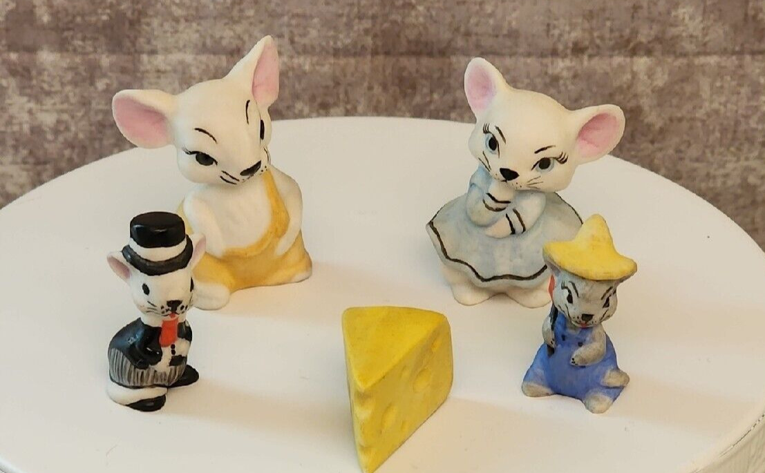 Miniature Ceramic Anthropomorphic Mice (4) & Wedge of Cheese Vintage 