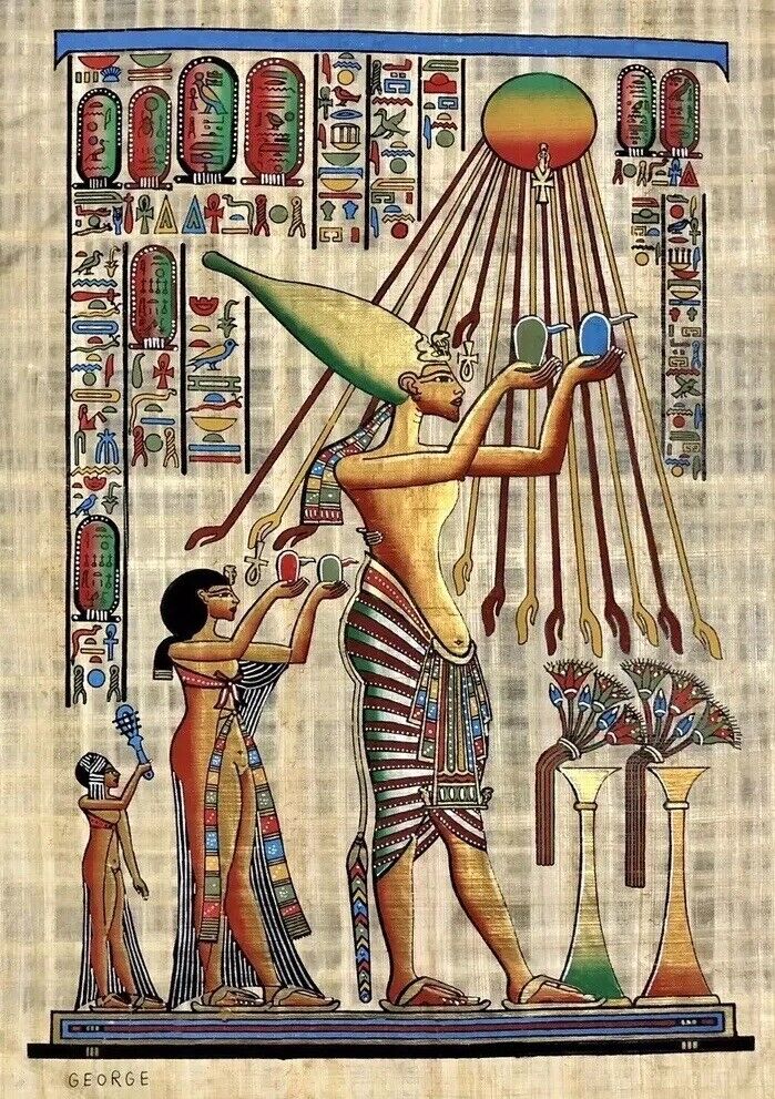 Vintage Hand Painted  Egyptian Papyrus- King Akhenaten 16x24”